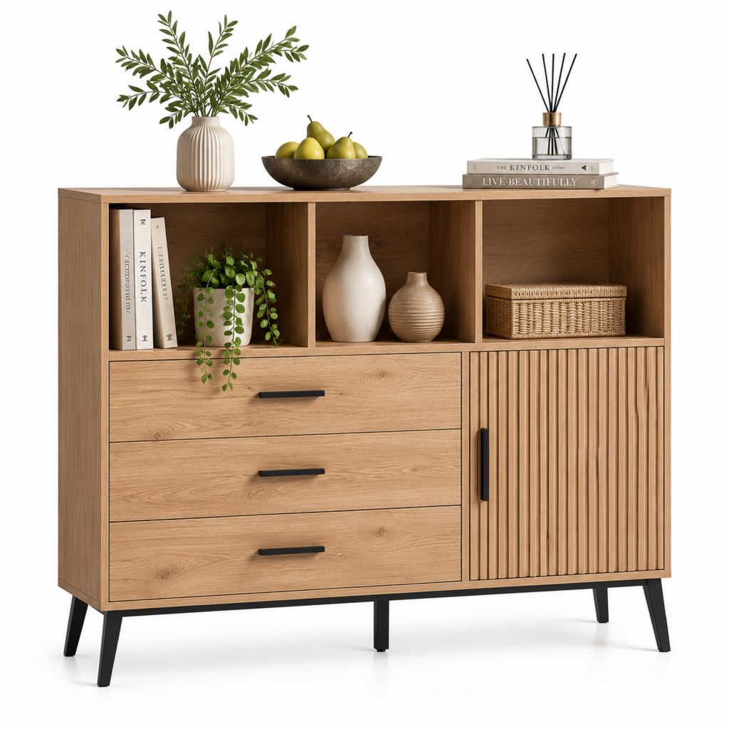Credenza alta con 3 cassetti e anta rovere chiaro in MDF rettangolare 140 x 40 x 120 cm