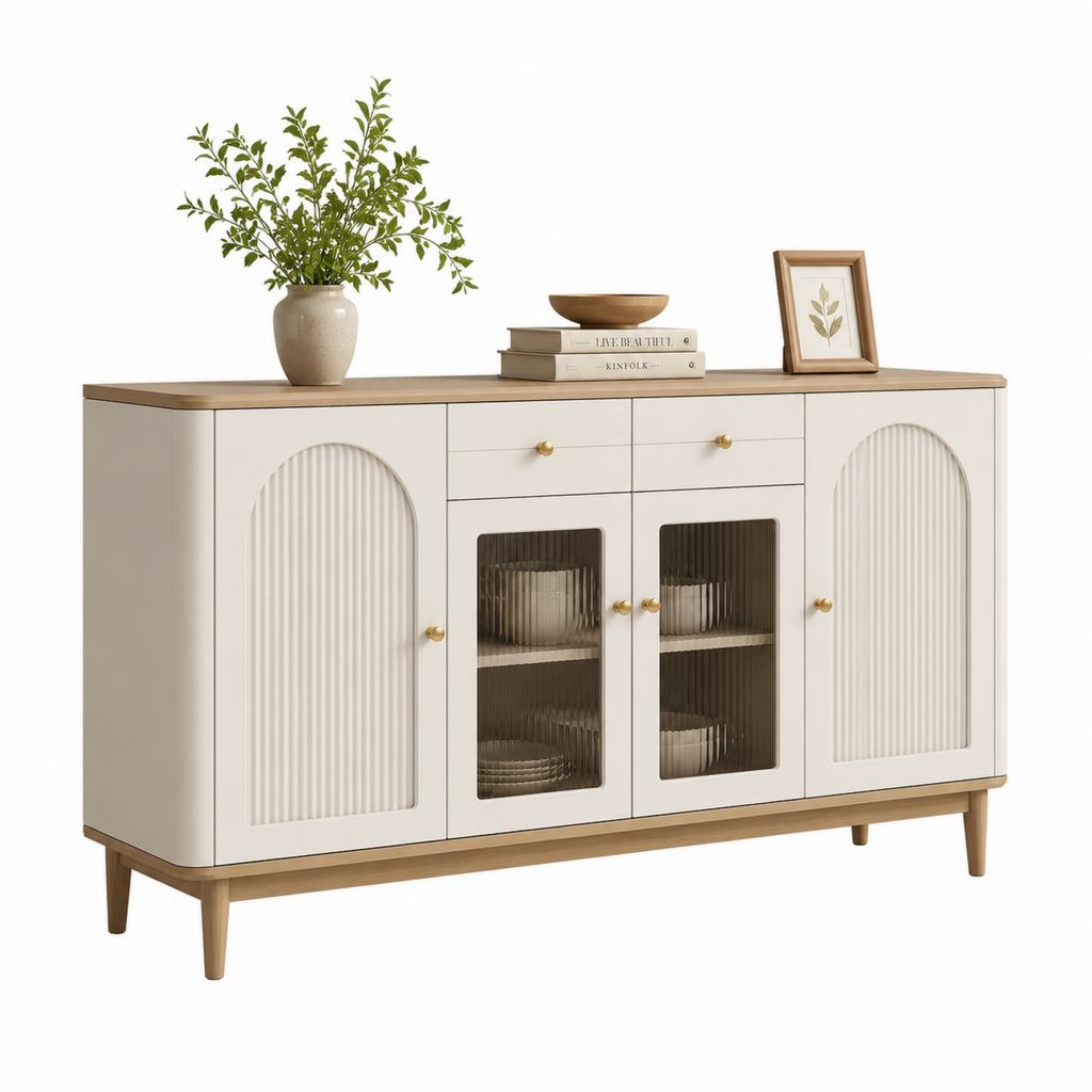 Credenza da sala da pranzo bianco crema in MDF con vetro scanalato 160 x 40 x 85 cm