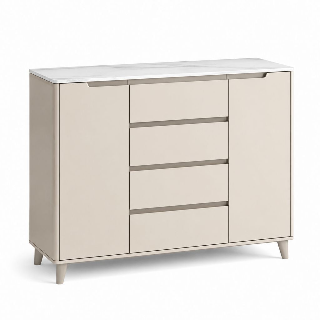 Credenza da soggiorno beige con 2 ante 4 cassetti e piano effetto marmo 120 x 40 x 90 cm