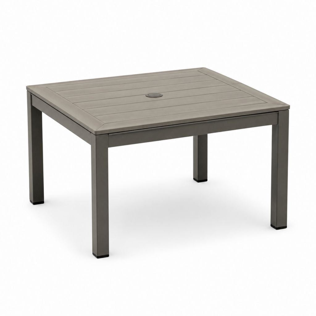 Tavolo da giardino quadrato grigio tortora in alluminio 90 x 90 x 74 cm con foro per ombrellone