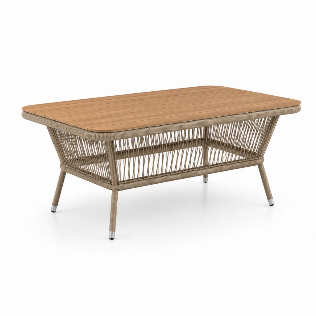 Tavolino da giardino rettangolare naturale e tortora in legno massello di acacia e corda PE 120 x 60 x 45 cm