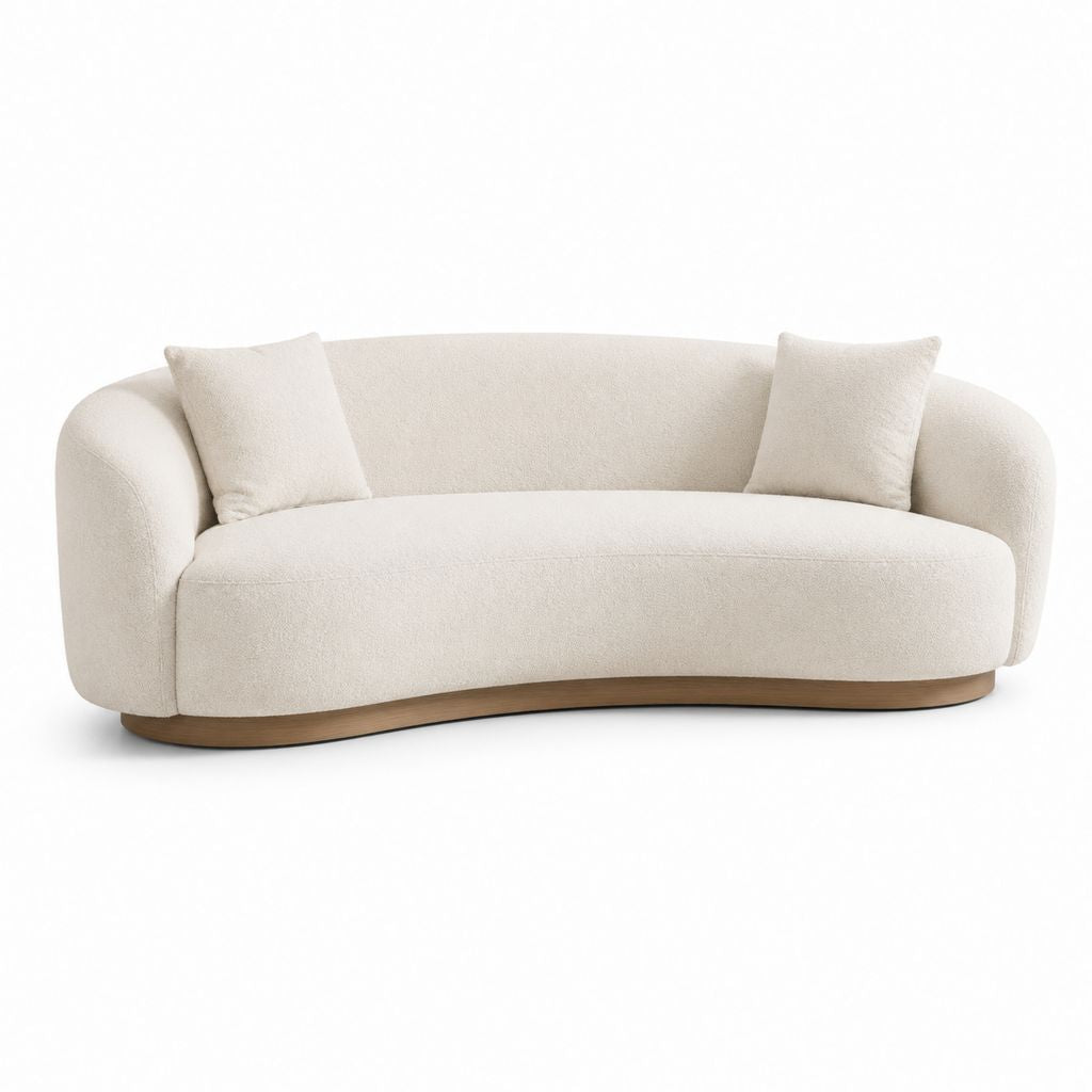 Divano 2 posti curvo avorio in poliestere bouclé con base in compensato impiallacciato 180 x 90 x 78 cm