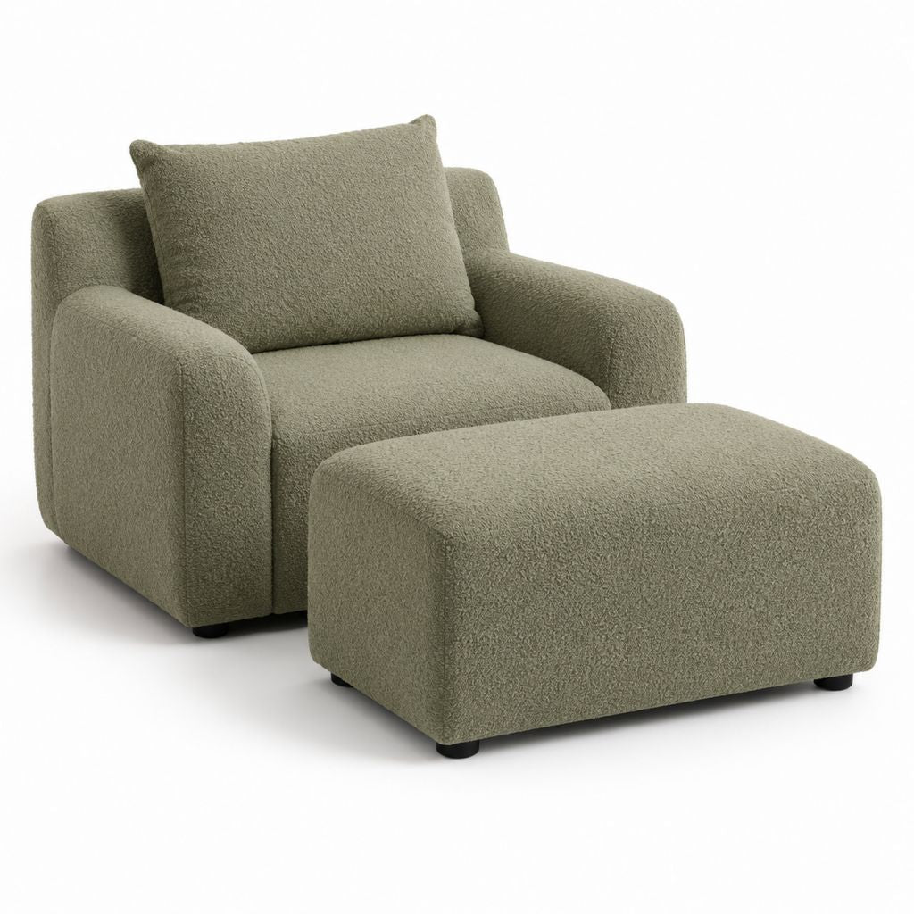 Poltrona con Pouf Squadrata Verde Oliva in Poliestere Bouclé 92 x 88 x 82 cm Pouf 75 x 60 x 42 cm
