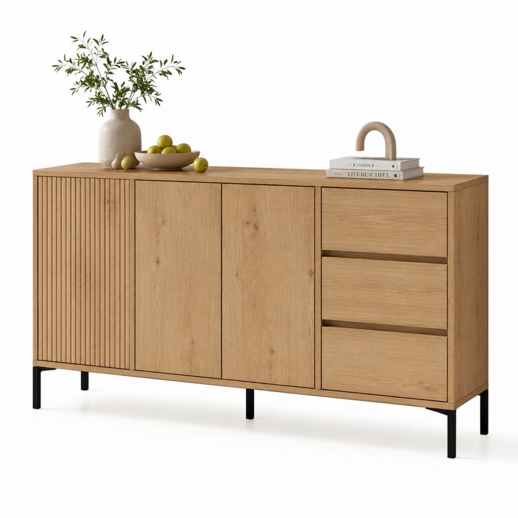 Credenza da sala da pranzo rovere naturale con 3 ante e 3 cassetti 160 x 40 x 85 cm