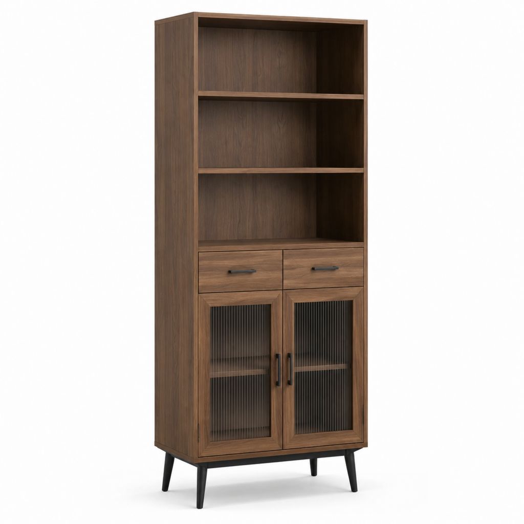 Vetrina credenza alta noce in MDF e vetro temperato rigato rettangolare 80 x 40 x 180 cm