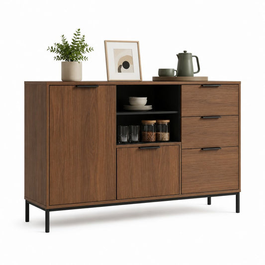 Credenza da soggiorno noce con 3 cassetti 2 ante e vani a giorno 160 x 40 x 100 cm