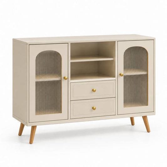 Credenza con vetrine e cassetti beige in MDF e vetro scanalato 120 x 40 x 85 cm