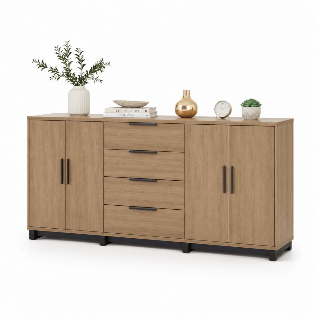 Credenza soggiorno rovere naturale in truciolare melaminico con 4 ante e 4 cassetti 160 x 40 x 80 cm