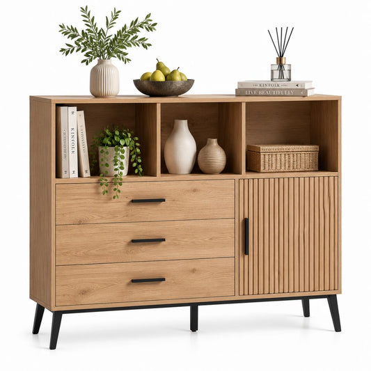Credenza alta con 3 cassetti e anta rovere chiaro in MDF rettangolare 140 x 40 x 120 cm