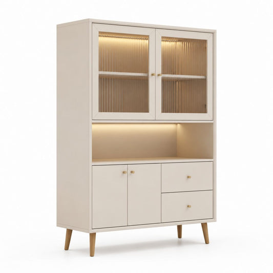 Credenza alta con vetrina crema in MDF e vetro scanalato 100 x 40 x 180 cm