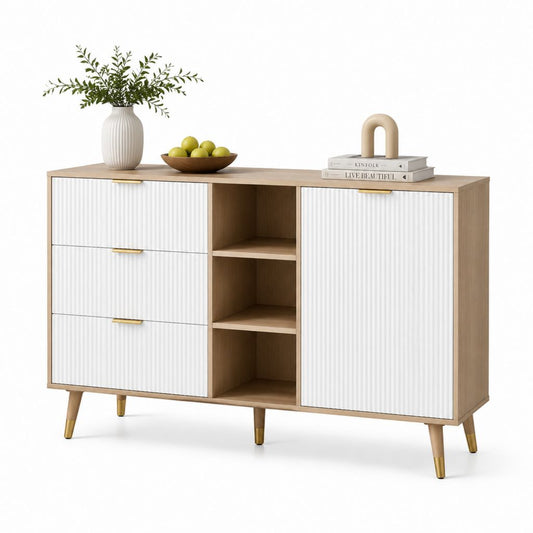 Credenza da sala da pranzo 120 x 40 x 80 cm rovere chiaro e bianco in pannello truciolare con 3 cassetti 1 anta e ripiani aperti