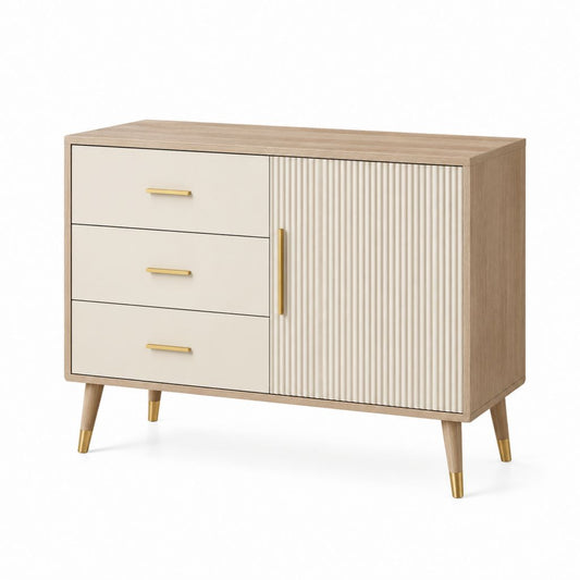 Credenza da sala da pranzo rettangolare 3 cassetti 1 anta beige e rovere in MDF 120 x 40 x 85 cm