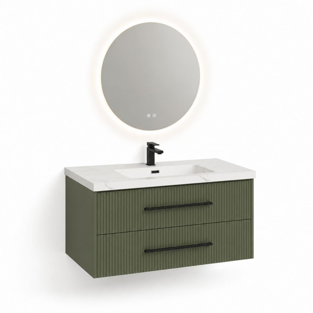 Set mobile bagno sospeso verde oliva con lavabo e specchio LED rotondo in MDF 80 x 46 x 50 cm