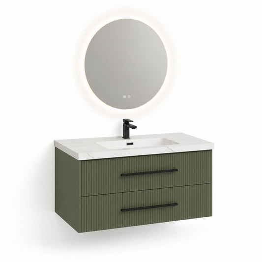 Set mobile bagno sospeso verde oliva con lavabo e specchio LED rotondo in MDF 80 x 46 x 50 cm