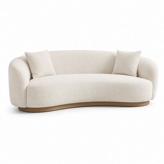 Divano 2 posti curvo avorio in poliestere bouclé con base in compensato impiallacciato 180 x 90 x 78 cm