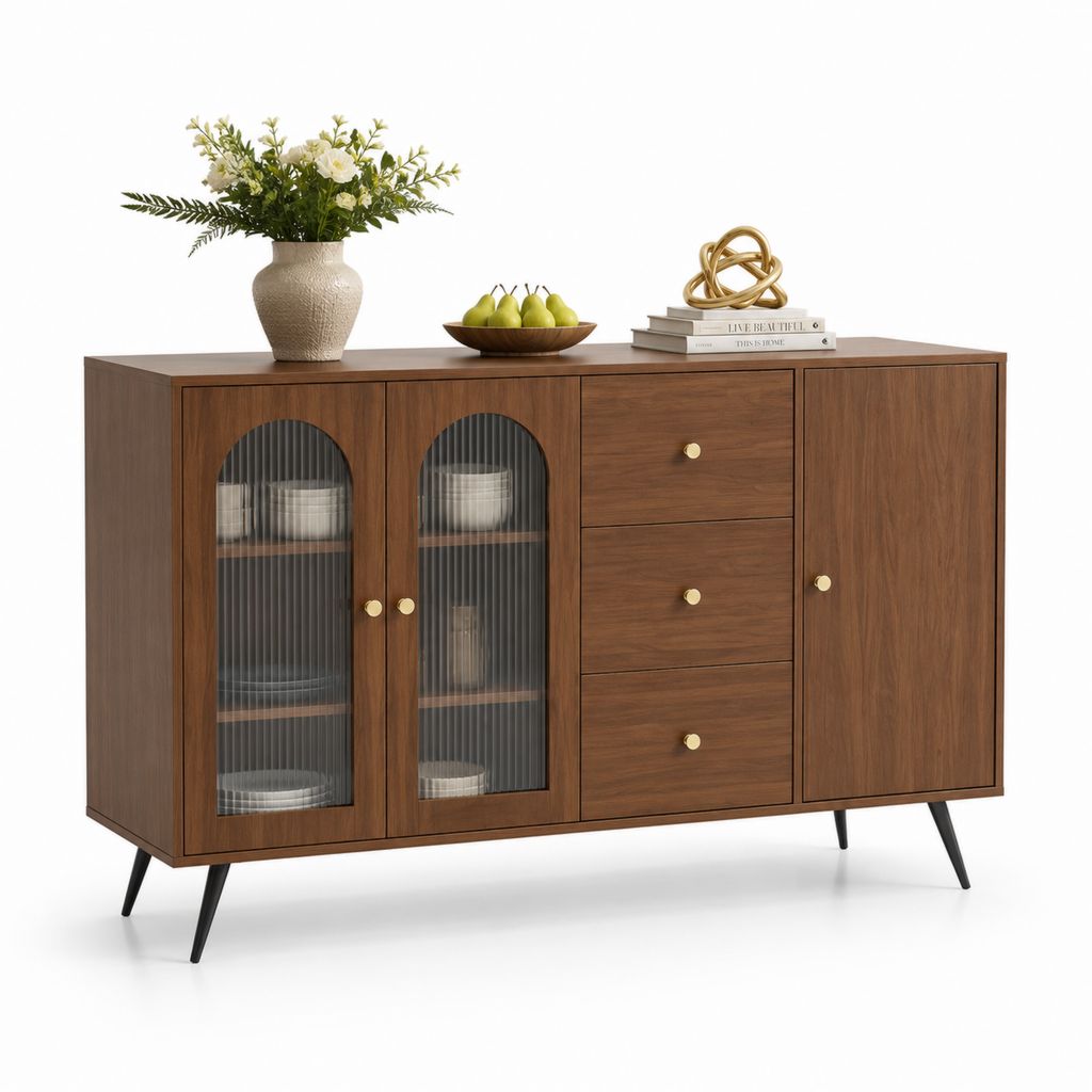 Credenza da sala da pranzo noce con ante in vetro scanalato 160 x 40 x 85 cm