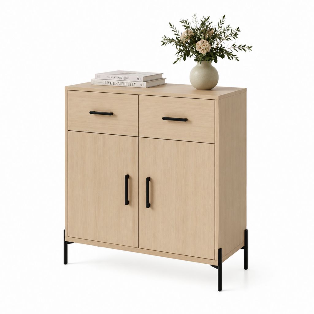 Credenza da sala da pranzo rovere chiaro in truciolare con 2 ante 2 cassetti e gambe in acciaio 80 x 40 x 100 cm