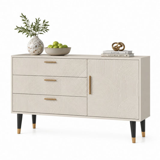 Credenza da sala da pranzo 3 cassetti e anta avorio in MDF 140 x 40 x 80 cm