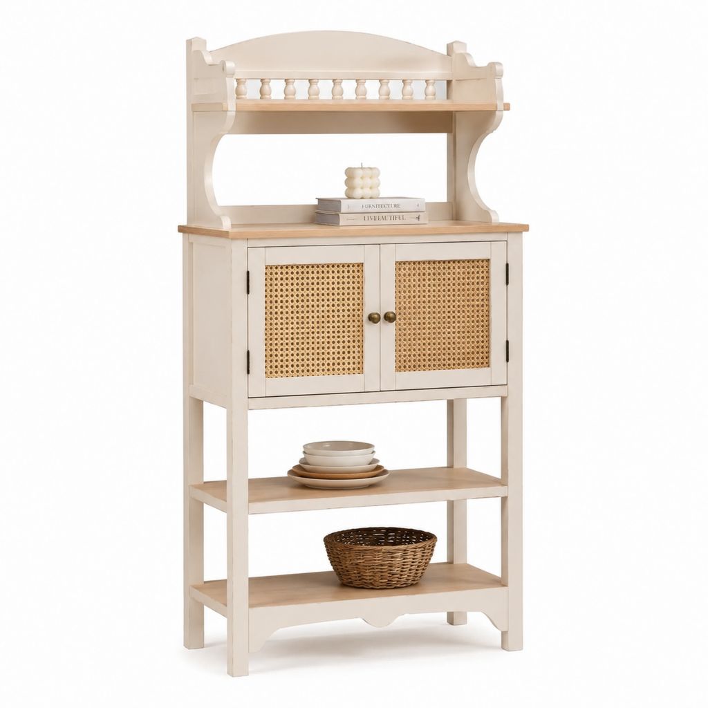 Credenza alta rettangolare color crema in legno massello e rattan 90 x 40 x 180 cm