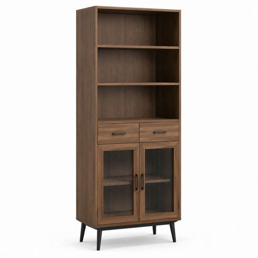Vetrina credenza alta noce in MDF e vetro temperato rigato rettangolare 80 x 40 x 180 cm
