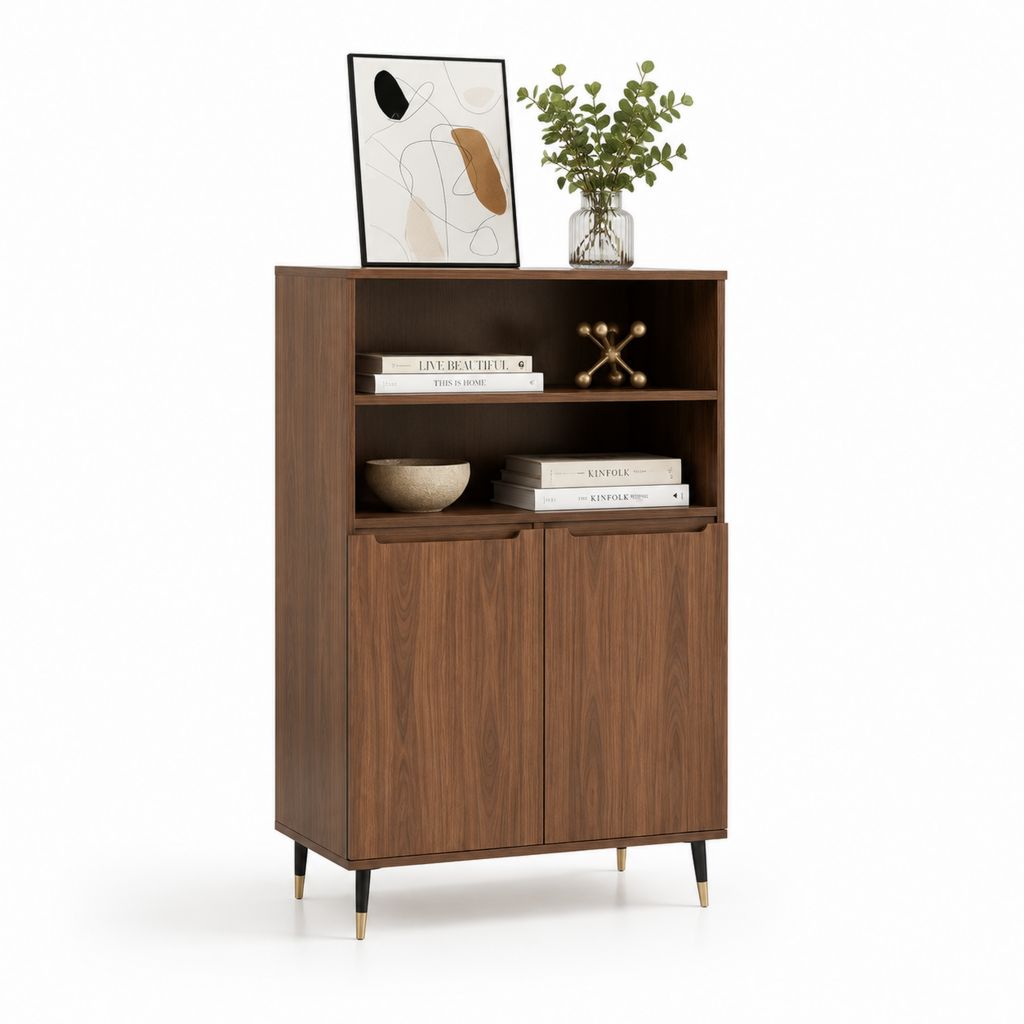Credenza da sala da pranzo 2 ante con ripiani a giorno noce in MDF 80 x 40 x 120 cm