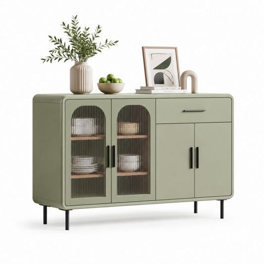 Credenza da sala da pranzo verde salvia in MDF e vetro temperato scanalato rettangolare 140 x 40 x 90 cm